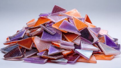 A colorful heap of small, triangular ceramic tiles.  Various shades of orange, purple, and pink.  Stacked unevenly on a plain light gray background