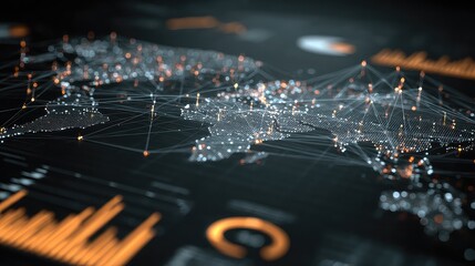 Dynamic digital world map visualizing global connections, data flow, and network analysis with futuristic design