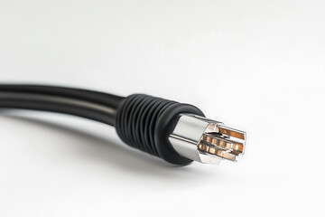 Close up of a network cable connector on a white background