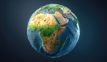 Fototapeta premium Earth globe, continents, topography, 3D render, dark background, environmental awareness