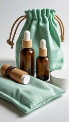 Modern Skincare Amber Bottles & Mint Pouch for Natural Beauty Essentials Display