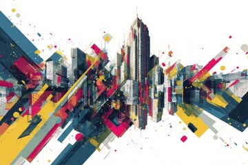 Abstract cityscape, vibrant geometric shapes and colors layered over a skyline