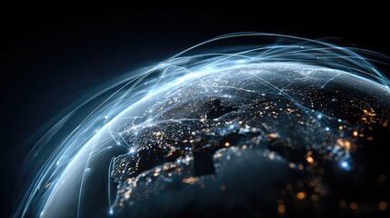 Obraz premium Global network connections illuminate the Earth with data streams, representing worldwide communication and technological advancements with a futuristic aesthetic