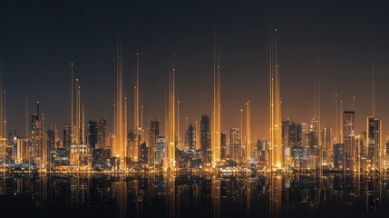 Dynamic cityscape at night with glowing lines representing data flow, illuminating modern architecture and reflecting in water, perfect for tech concepts