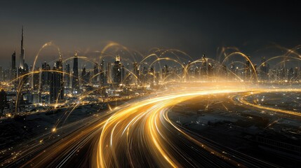 Dynamic cityscape with glowing lines representing technology, innovation, and futuristic connection, perfect for digital transformation concepts