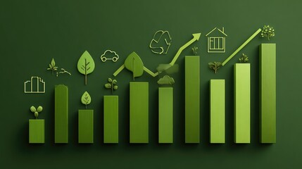 Witness impressive green growth and sustainability trends visualized through dynamic bar charts and eco-friendly icons, showcasing a thriving future.