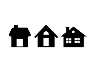 Three simple black silhouettes of houses