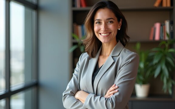 Confident leader smiling latin hispanic, middle eastern business woman standing arms crossed in office looking at camera. Portrait of middle age manager adult executive CEO entrepreneur businesswoman