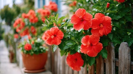 Hibiscus fence with giant planter concept. Vibrant red hibiscus flowers blooming near a charming fence.