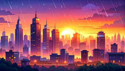 Colorful city skyline at sunset with rain.