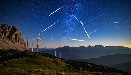 Meteor shower and Milky Way galaxy over a mountain landscape at night