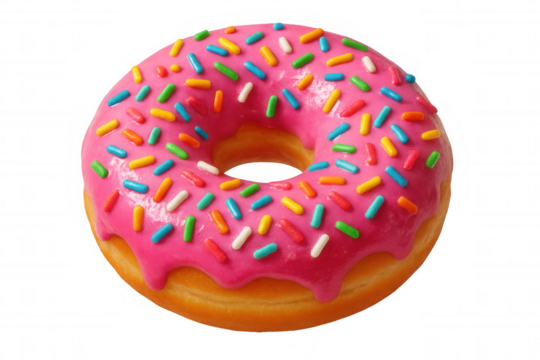 Pink glazed donut sporting colorful sprinkles, showcasing sugary decadence against transparent backdrop