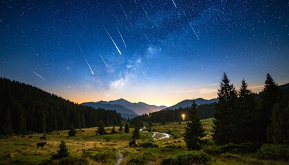 Meteor shower and Milky Way galaxy over a mountain landscape at night