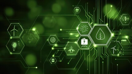 Visualize the future of sustainable technology with this dynamic infographic featuring clean energy icons and interconnected circuits, perfect for green innovation and eco-friendly business concepts.