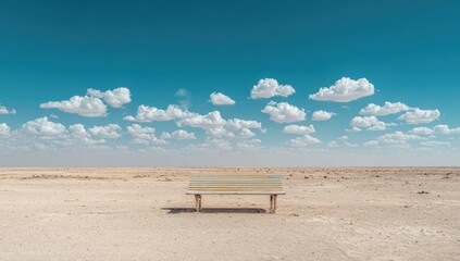 Obraz premium A lone wooden bench sits amidst a vast, sun-drenched desert landscape, under a clear, cloud-filled blue sky