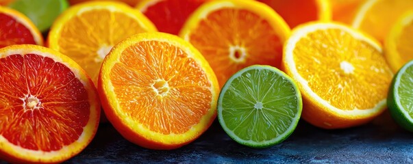 Obraz premium Citrus curve in fruit series concept. Vibrant assortment of sliced citrus fruits on a dark background.