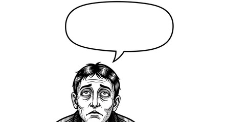 Fototapeta premium Cartoon Character Depressed and Looking Up with Thought Bubble