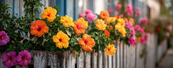 Fototapeta premium Hibiscus fence with giant planter concept. Vibrant flowers blooming along a rustic wooden fence in sunlight.