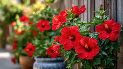 Hibiscus fence with giant planter concept. Vibrant red hibiscus flowers bloom along a wooden fence.