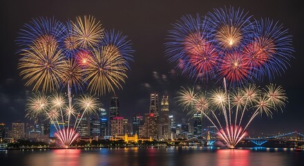 Spectacular fireworks explode in a vibrant display over a modern city skyline at night, reflecting in the water below.
