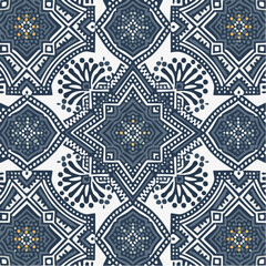 seamless moroccan tile fabric pattern in cobalt blue on white with intricate fine line details for elegant bohemian and mediterranean designs