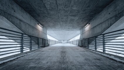 Fototapeta premium A long, gray concrete tunnel/underpass. Metal railings flank the path, bisected by the mid-point. A sense of depth and perspective