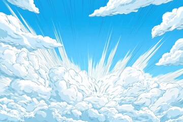 Cartoonish sky view, vibrant clouds, radiating sunlight