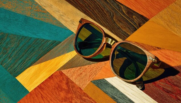 Sunglasses resting on a vibrant, multicolored wooden surface. Geometric patterns of warm and cool tones - Powered by Adobe