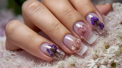 Elegant Floral Nail Art Design Delicate Pressed Flowers in Clear Gel Nails