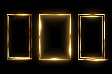 Three glowing gold rectangular frames on a black background