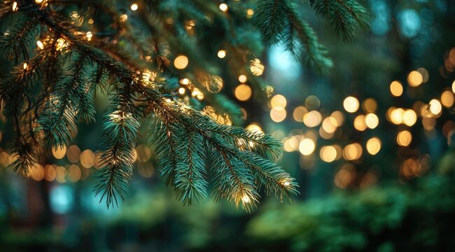 Christmas lights on a fir tree branch, bokeh background