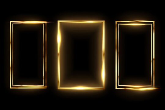 Three glowing gold rectangular frames on a black background