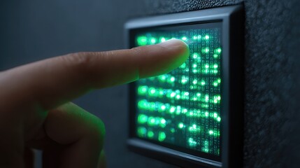 Expert hand touches illuminated digital screen with glowing green code, representing cybersecurity, data access, and advanced technology in a modern, secure environment.