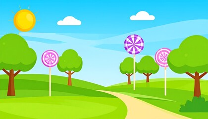 Fototapeta premium Colorful lollipop trees in a grassy landscape.