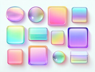 Set of iridescent, translucent buttons and orbs in various shapes.  Colorful, geometric, and glossy design elements with soft gradients, creating a playful, modern aesthetic