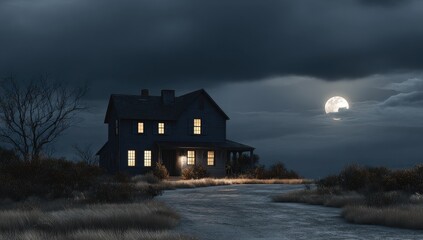 Dark, lonely house at night under a full moon