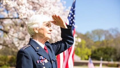 Proud Senior Female Veteran Saluting with American Flag in Cemetery for Veterans Day