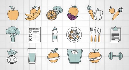 Healthy lifestyle icons on white tile: fruits, vegetables, scale, and exercise equipment