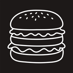 Minimalist line art burger icon on black background. Simple outline of hamburger with sesame bun, lettuce, and layers. Perfect for menu design, fast food branding, restaurant signage, and web graphics