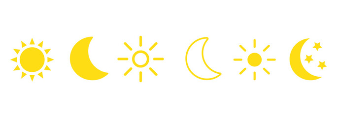 Sun and moon icon vector day and night icon set. dark and light mode icons , Screen brightness and contrast level signs and symbols for app user interface and web .