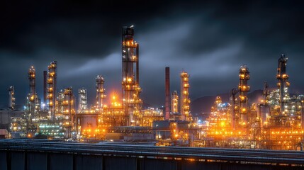 Night view of a large oil refinery complex.