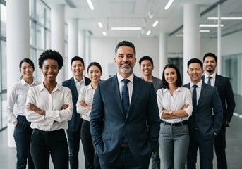 A portrait of a successful, diverse business team standing confidently in a modern office hallway. Depicts corporate success, leadership, and professional teamwork.