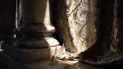 Sunlight streams through an ornate interior, illuminating aged stone columns and a draped fabric