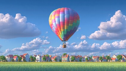Naklejka premium Colorful hot air balloon over idyllic village