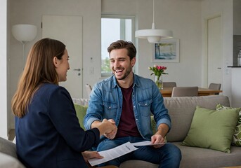 Obraz premium A smiling young man shakes hands with a businesswoman in a casual home setting after reviewing documents. Represents agreement, partnership, real estate, or consulting.