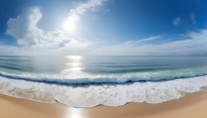 tropical beach panorama, seascape with a wide horizon, showcasing the beautiful expanse of the sky meeting the sea, created with generative ai