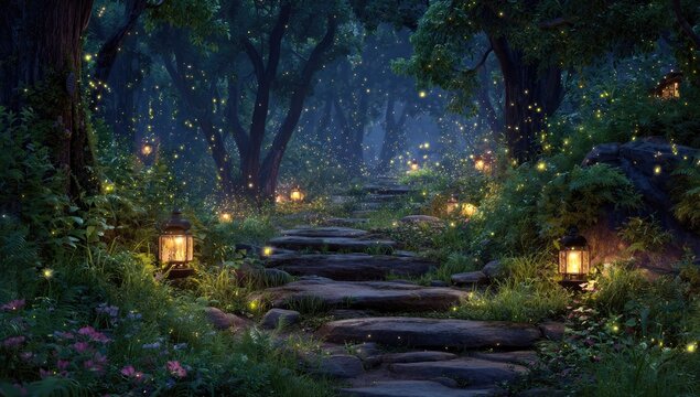 Mystical forest path at night, lit by fireflies and lanterns