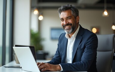 Portrait of mature Indian or Latin business man ceo trader using laptop computer, typing, working in modern office. Middle-age Hispanic smiling handsome businessman entrepreneur looking aside,dreaming