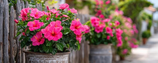 Fototapeta premium Hibiscus fence with giant planter concept. Vibrant pink flowers in pots along a charming outdoor pathway.