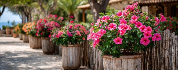 Hibiscus fence with giant planter concept. Vibrant pink flowers in wooden pots along a sunny walkway.